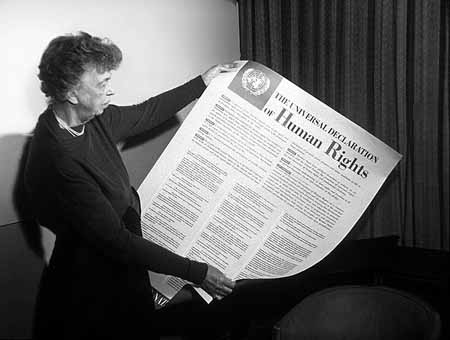 Holding her creation, Eleanor Roosevelt looks at her legacy of freedom to all global citizens. Every year on December 10, Human Rights Day is an internationally celebrated holiday to commemorate the adoption of the Universal Declaration of Human Rights.
