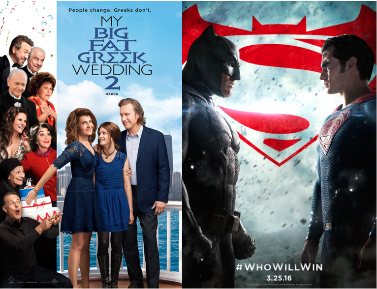 Make sure to catch both Big Fat Greek Wedding 2 (PG-13) and Batman v Superman: Dawn of Justice (PG-13) in theaters March 25.