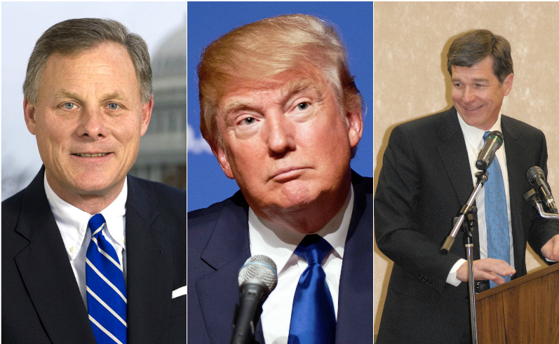  In a close race, Donald Trump (center) wins the presidential election while Richard Burr (left) wins a North Carolina Senate seat. The gubernatorial election is too close to call, but Roy Cooper (right) has the lead by less than 5,000 votes.