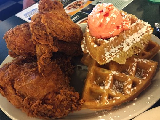 Plated to perfection, Metro Diner’s chicken and waffles come topped with a scoop of ice cream and powdered sugar. The diner has been featured on Diners, Drive-Ins and Dives and has been named “The Best Breakfast in Jacksonville” from numerous magazines. 