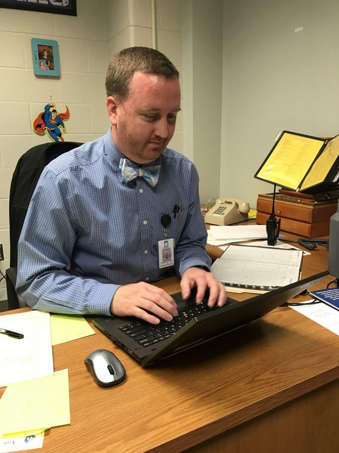 Working at his desk, Mr. Liles keeps busy throughout the school day with his new responsibilities. He is very excited to be serving Millbrook High School. 
