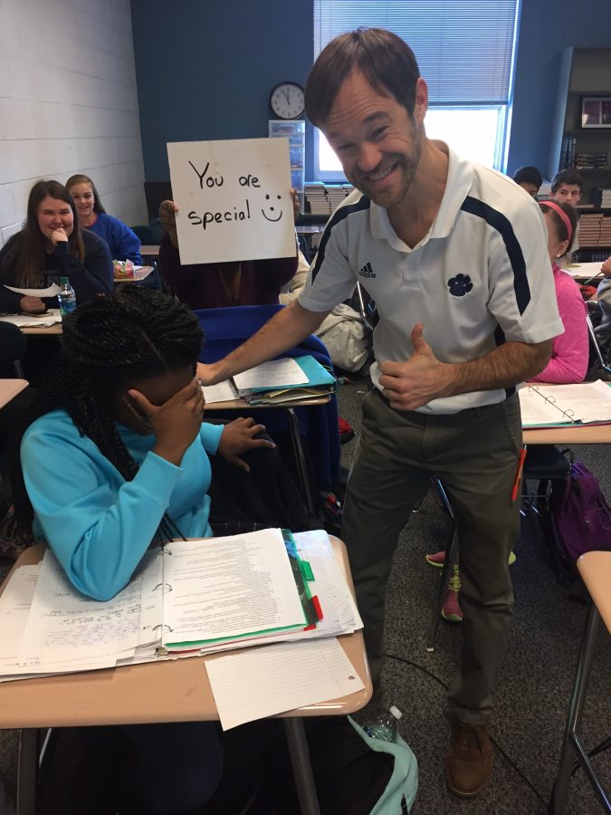 Helping one of his Civics and Economics students, Mr. Schneidewind shows off his humorous side. He believes that every student should recognize their strengths and weaknesses to be able to grow from them. 
