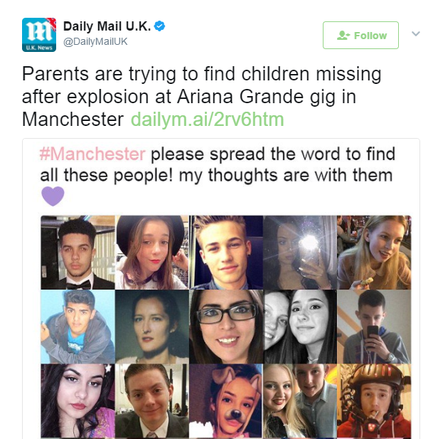 As shown on Twitter, efforts to reconnect children and their parents after the explosion carry over to social media. Two explosions occurred Monday night at the Manchester Arena after one of Ariana Grande’s concerts.