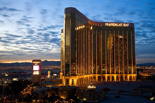 Pictured before the incident, the Mandalay Bay Resort and Casino is located on the Las Vegas Strip. Last night, an active shooter killed at least 50 people here. 
