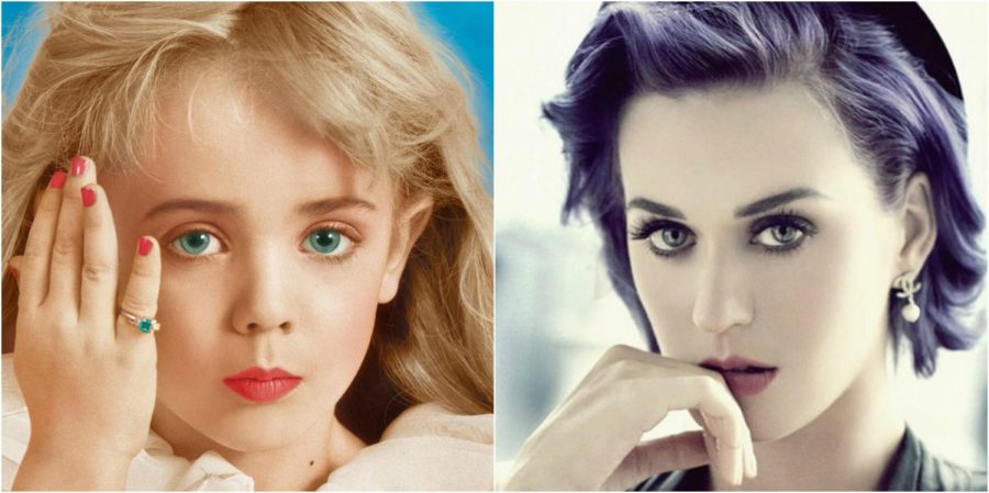 Caption: Posing for beauty shots, both singer Katy Perry and child beauty star JonBenét Ramsey look into the camera. JonBenét was tragically murdered in her home back in 1996...or was she?