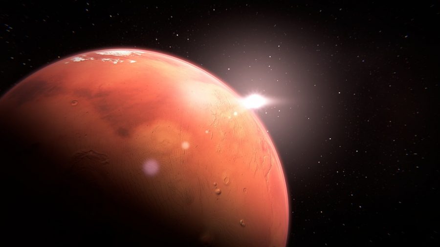 Shining in the Sun’s light, the Red Planet is seen from the perspective of a distant satellite. The question of colonizing another planet has long been a curious subject of interest to many, and now may be the time that it is not just a theory. 