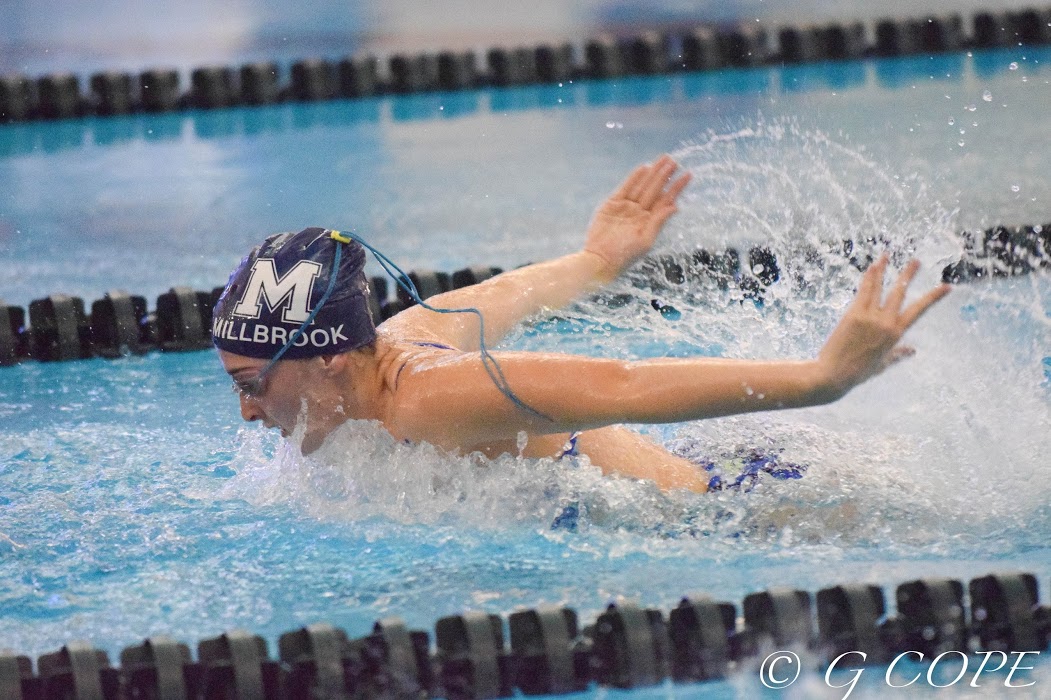 Racing through the pool, Sara Beth McLamb shows off her butterfly stroke. Sara is one of the top returning girls in her event and is eager to have another great year.