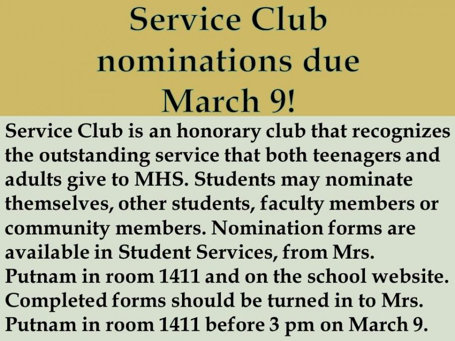 Service Club Nominations Due March 9!
