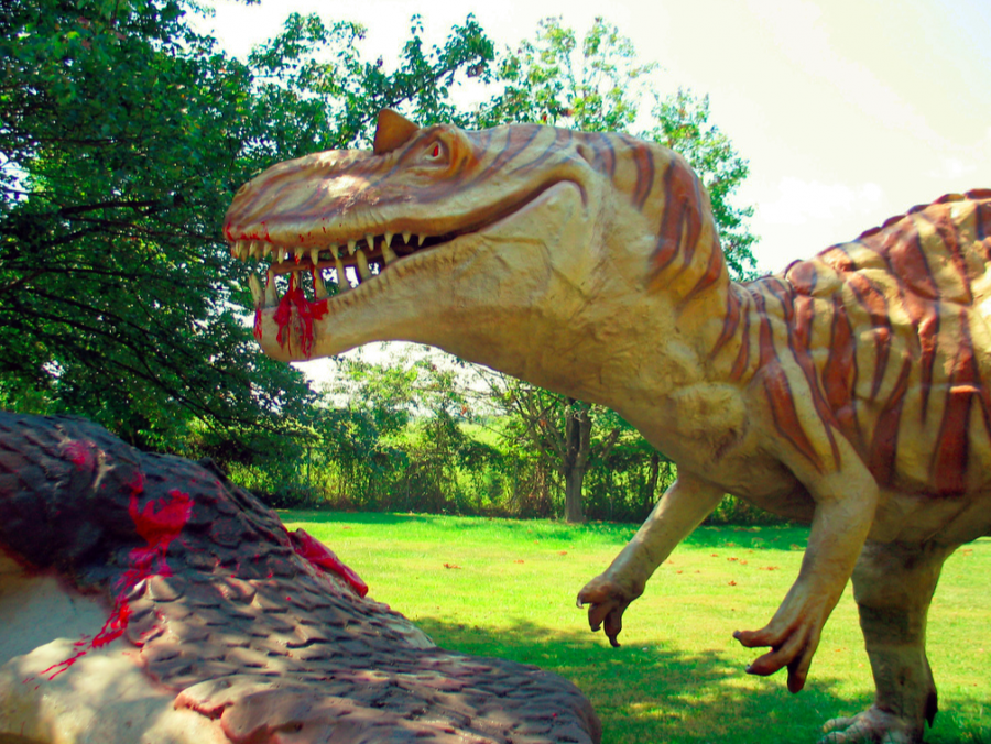 Gushing blood from the mouth, this fiberglass T-Rex chomps up his dinner. Thanks to the elevated prom budget, student will see this exact dinosaur at this year’s Mesozoic prom.
