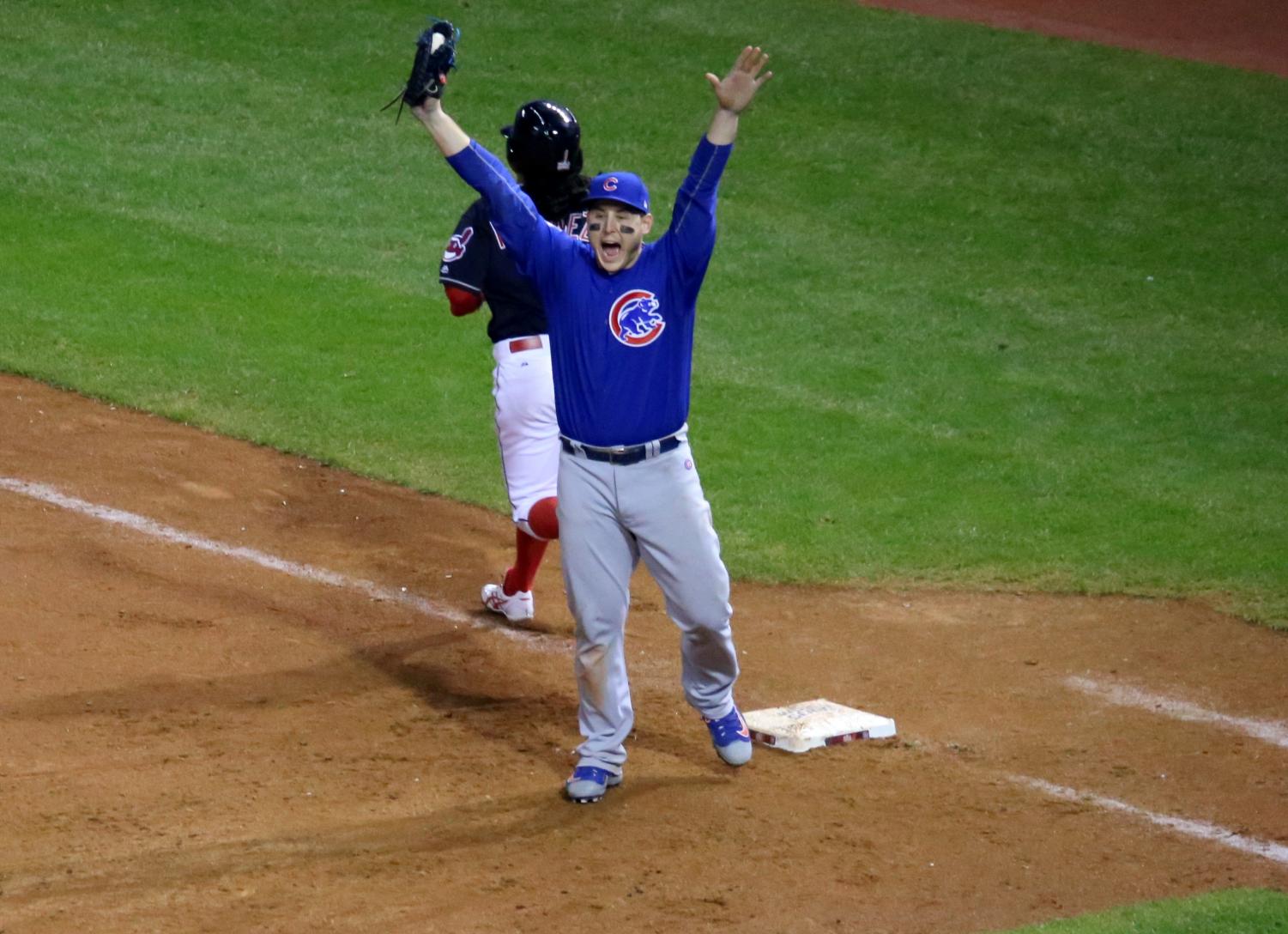 Celebrating the final out of the 2016 World Series, Anthony Rizzo jumps for joy! Either the Red Sox or Dodgers will be the next team to celebrate this accomplishment.
