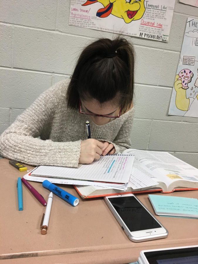 Anticipating an upcoming test in her AP Psychology class, senior Riley Yates creates a study guide to help herself prepare. Students planning to take IB or AP courses should be aware that their workload and study time will  drastically increase in the coming school year. 