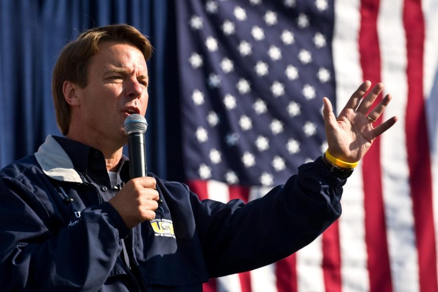 Campaigning for president, Democratic nominee John Edwards delivers a campaign speech. Although he lost the election, his campaign was very popular, leaving him in second place behind Barack Obama.