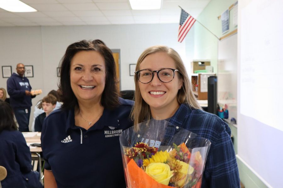 Posing with Principal Dana King, 2019 Teacher of the Year Ms. Fritz is evidently beaming with pride! She has invested much of her time and energy into Millbrook and has now been recognized for her involvement, much to the amusement of students Will Mitchell, Avery Glenn, and countless others! 