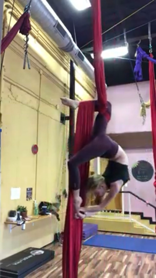 Scaling her aerial silks in suspense, junior Hope Gerney stays in shape by taking aerial silk classes at Cirque de Vol here in Raleigh. Hope loves participating in classes and practicing her skills because it allows her to exercise in a graceful and fun way! 
