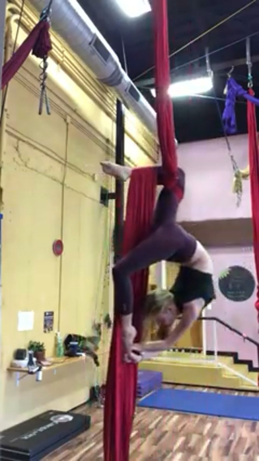 Scaling+her+aerial+silks+in+suspense%2C+junior+Hope+Gerney+stays+in+shape+by+taking+aerial+silk+classes+at+Cirque+de+Vol+here+in+Raleigh.+Hope+loves+participating+in+classes+and+practicing+her+skills+because+it+allows+her+to+exercise+in+a+graceful+and+fun+way%21+