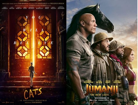 Displaying two movies that will be in theatres over winter break, these posters advertise Cats and Jumanji: The Next Level. Watching these movies over the long-awaited break is a perfect way to relax over the holidays.