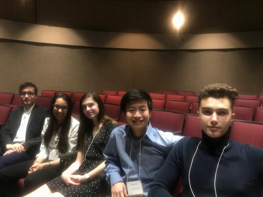  Looking forward to the start of the conference, Ahmed Haidary, Isabella Marin Quintero, Morgan Pruchniewski, Steven Tio, and Muhamed Dlakic take a moment to pause after exploring the Lenoir-Rhyne campus. These students enjoyed their trip to Hickory and the experience they gained at the Pangea Conference.