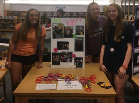 Seniors Sophie Boulware, Haley Yopp, and Caroline Cabaniss promote the Unified Best Buds Club at the 2018 Club and Activities fair. Here, they provided information about the club and welcomed new members.
