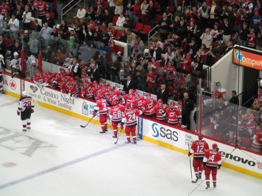 Leaving the ice following a period against the New Jersey Devils, Canes players show some love to their teammates for their hard work. The Hurricanes are one of the main title contenders in the NHL this year and could bring the Stanley Cup back to Raleigh for the first time in fifteen years.
