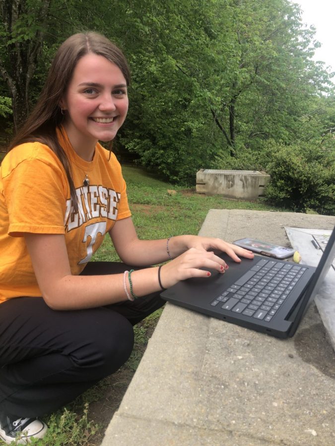 Sitting outside, Gannon Hollar takes advantage of the at home learning by participating in classes at remote locations, such as nature preserves. While students were deprived of many typical school events, there were also upsides to online learning.
