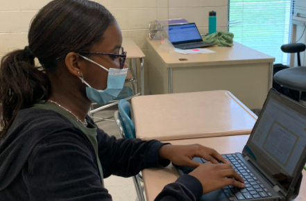 Sophomore Nyla Pascal is finishing her English work in Mrs. Abbott’s classroom. Nyla is prioritizing her work, and making sure she does not overwhelm herself. 