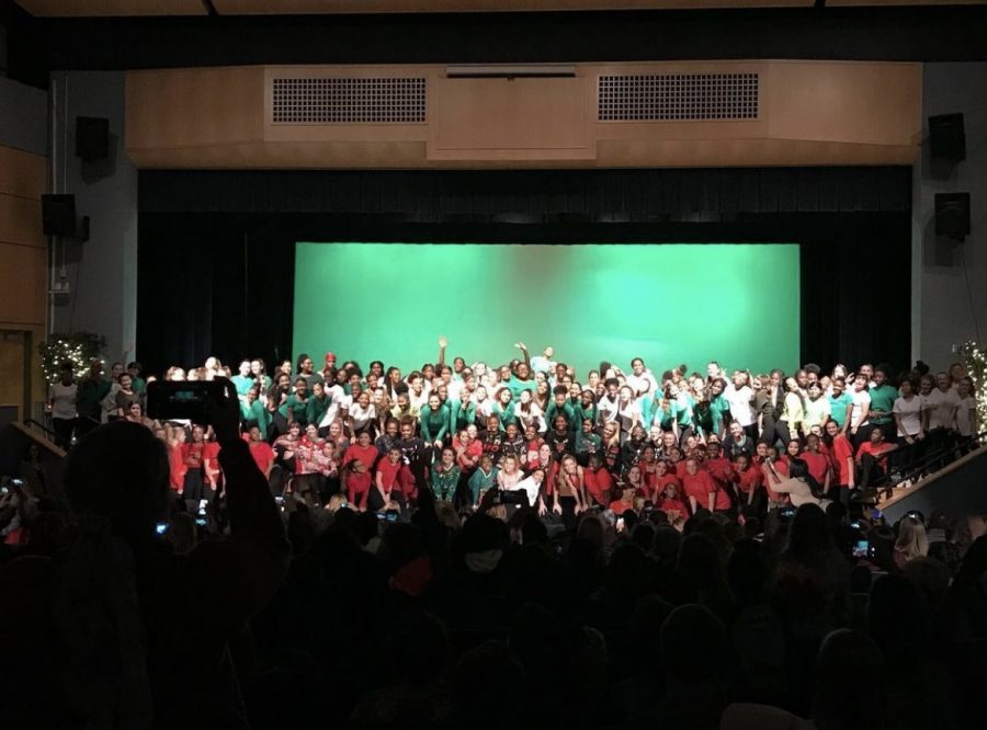 Posing for a group picture, Millbrook dancers crowd the front of the stage after finishing the last section of their concert finale. As per tradition, seniors are pictured wearing holiday tops, while juniors wear red shirts, sophomores wear green shirts, and freshmen wear white shirts.