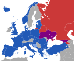 This is a map of the countries that are a part of CTSO, NATO, and seeking to join NATO. CTSO is Russia-led and is highlighted red, NATO member countries are highlighted blue, and countries seeking to join are highlighted light blue and violet. 
