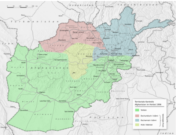 This is a map of the control the Taliban gained after the capture of the capital, Kabul. The green is Taliban control, red is Junbish-i Islami, blue is Jamiat-i Islami, and yellow is Hizb-i Vahdat. 