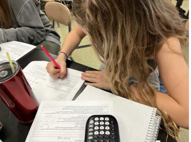 Junior Mia Claire Vitale in IB chemistry class focused on completing her portion of a group test. She is working collaboratively with peers to complete a graded assignment.