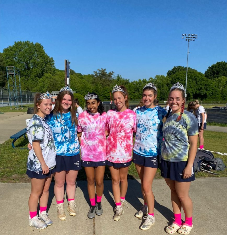 Millbrook Women's Lacrosse team on senior night after a 21-0 win against Rolesville. From left to right: Claire Sterling, Mary Blake Nobles, Saira Sadhwani, Carly Murphy, Gracie Porter, and Jessica Finnessy.