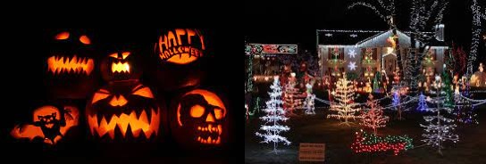 Featured are the different kinds of decorations that most people use when celebrating Halloween and Christmas. Halloween and Christmas are both fun holidays to participate in, but Christmas outweighs Halloween as being the best holiday. 