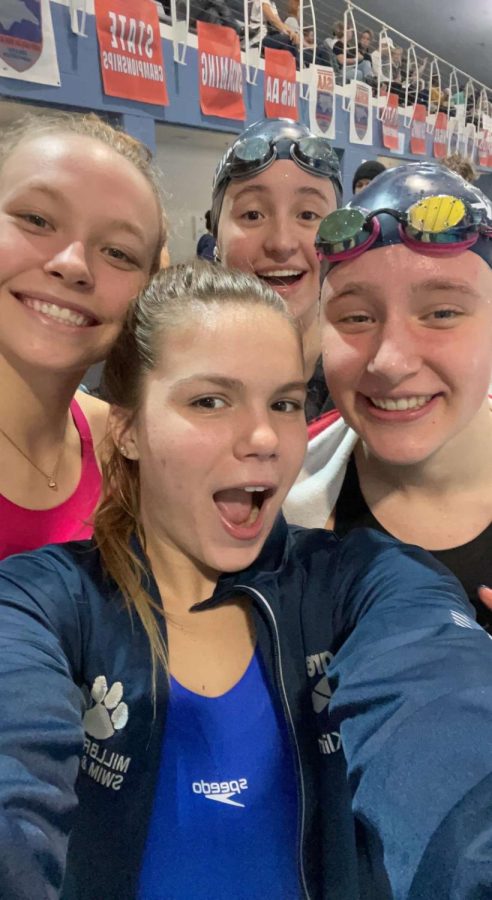 Our girl senior swimmers Sophie Kline, Sam Miller, Jenna Jacobs, and Amanda Ulicny. These four aquacats added an amazing addition to the team. 
