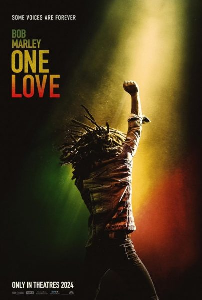 BOB MARLEY: ONE LOVE movie poster representing the colors of the Jamaican flag and a silhouette of Bob Marley.
