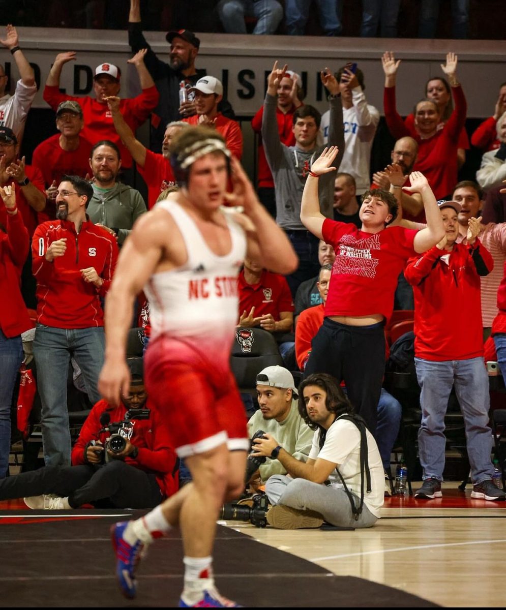 The crowd cheers as  #2 Ranked 197lbs Trent Hidlay exits the mat after a decisive 17-2 victory Friday night. 
