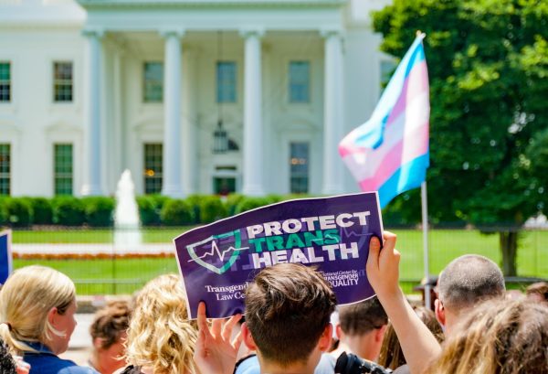 Advocates rally outside the white house to protect transgender healthcare. 