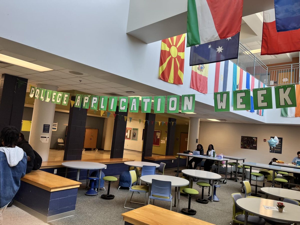     This banner celebrating College Application Week was hung in Millbrook High Schools’ student lounge. Counselors were stationed there throughout the week to answer student questions relevant to their application.
