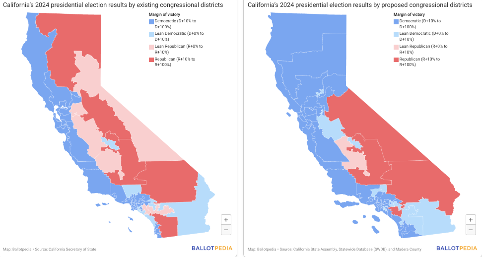 On the right is the new California congressional district map, voted for with Prop. 50