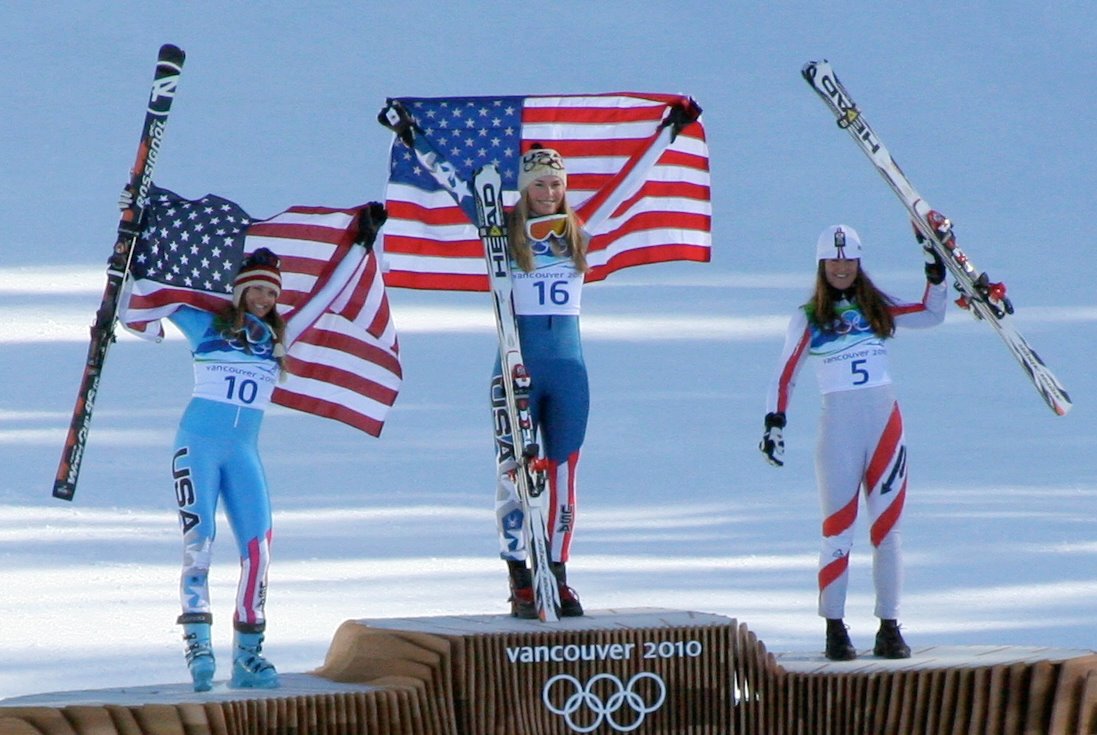The medal ceremony for the Women's downhill on February 18, 2010, in Whistler at the 2010 Winter Olympics. 