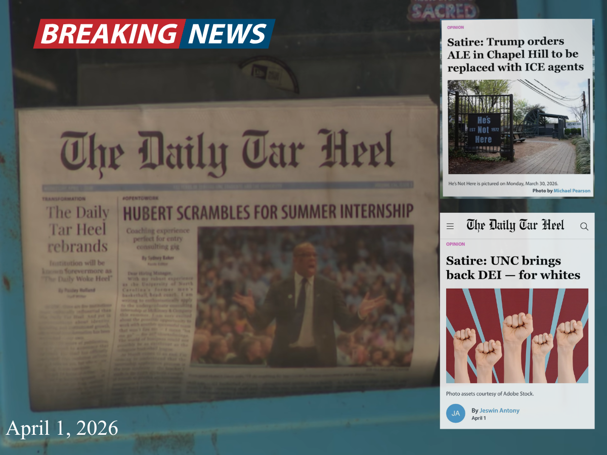 Photo of The Daily Tar Heel’s articles and headlines on April Fools’ Day, 2026.